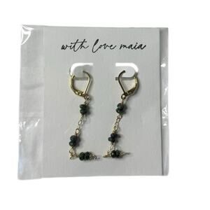 Handmade boutique dangle earrings green stones and gold hardware New